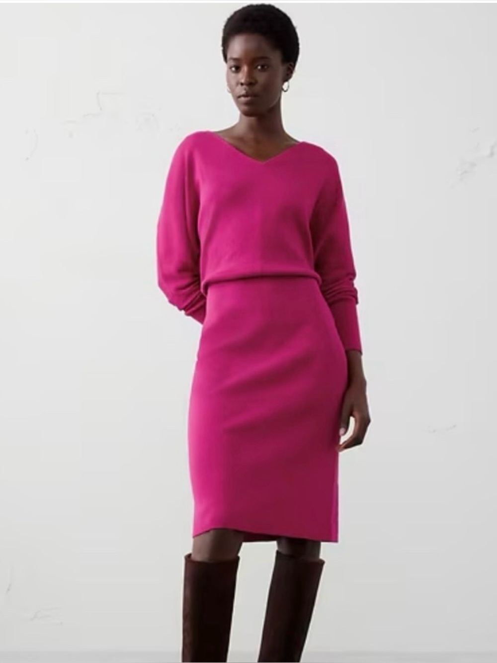BANANA REPUBLIC Blouson Knee Length Knit Sweater Dress Magenta Pink Size S NWT